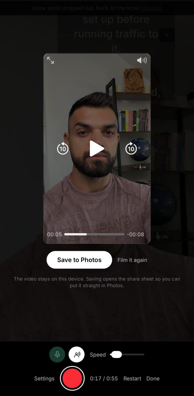 Proven Format recording review: the finished clip with options to save it to Photos or film it again, noting the video stays on the device