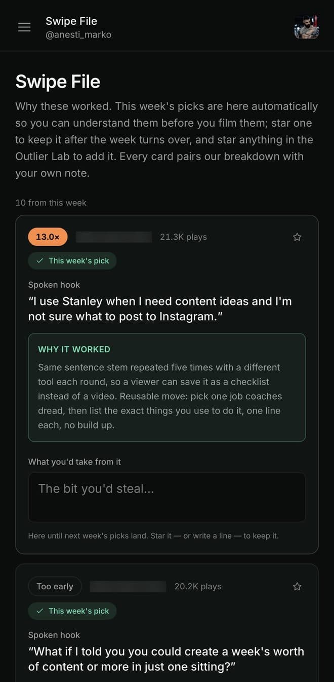 Proven Format Swipe File screen: saved reels with a breakdown of why each one worked and a field for your own takeaway